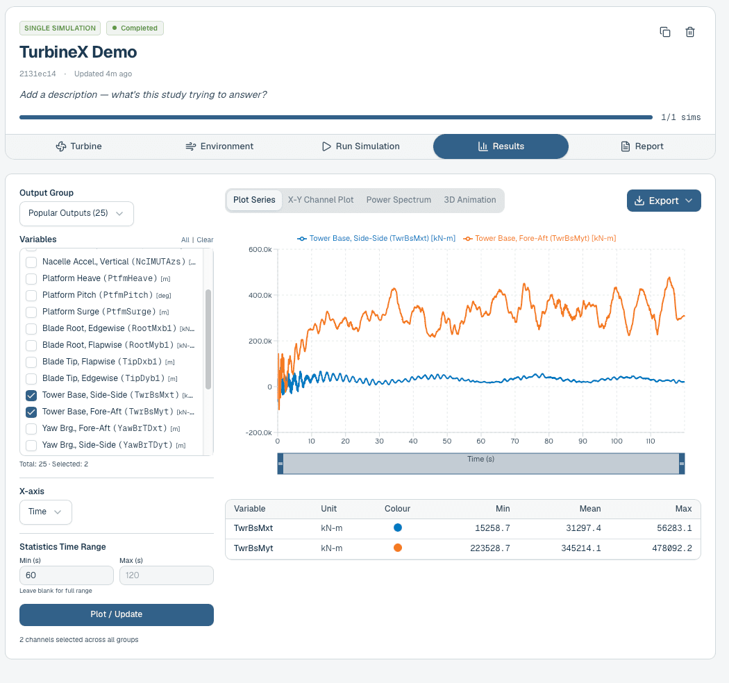 TurbineX results viewer — tower base moment time series across seeds